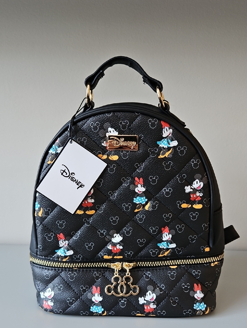 Disney Black Minnie & Mickey Patterned Quilted Mini Backpack with Gold Hardware